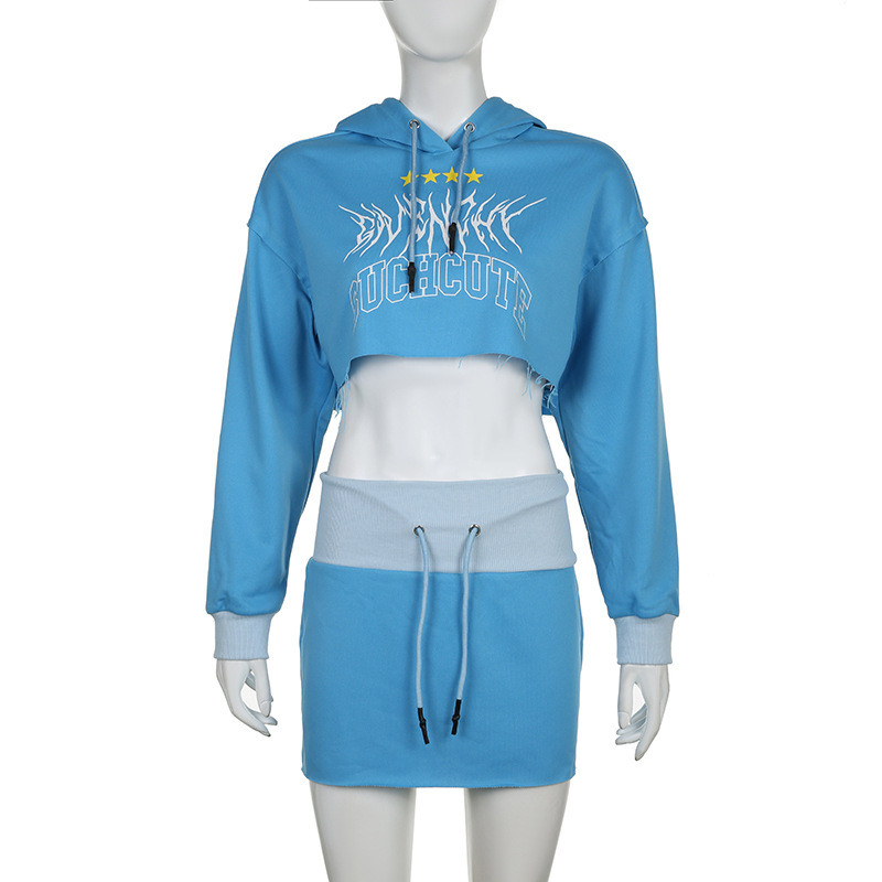 Letter print personalized street hooded short cut with exposed navel and long sleeved hoodie, high waisted and buttocks wrapped skirt set