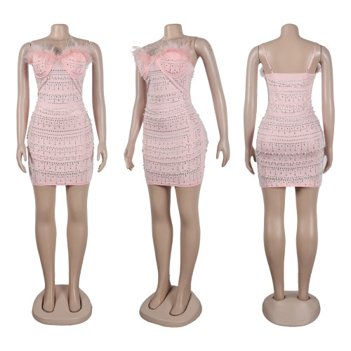 Sexy slim fit hot diamond feather strap wrapped buttocks pearl dress