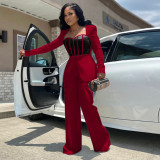 Sexy waistband contrasting color patchwork long sleeved wide leg jumpsuit