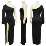 Women's One Shoulder Lantern Sleeves Slim Fit Sexy Split Dress