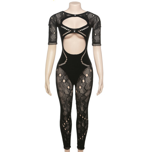 Sexy Hollow Knitted Hook Flower High Waist Tight jumpsuit