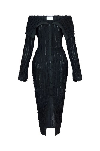 One line neckline wrapped hip skirt with wave pattern long sleeved dress