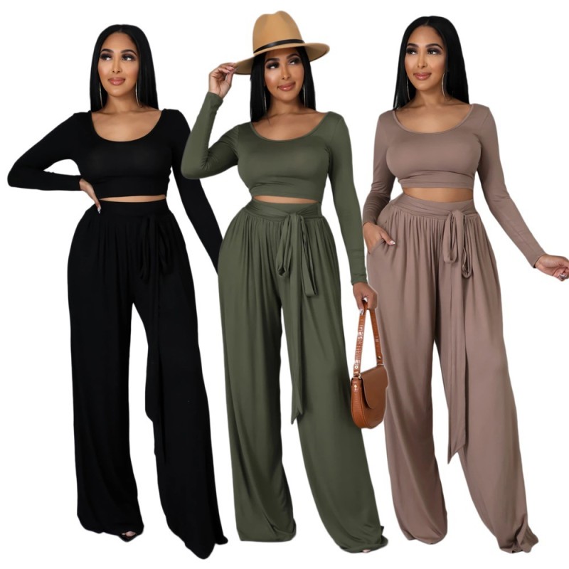 Solid color long sleeved autumn/winter fashionable wide leg women's two-piece set