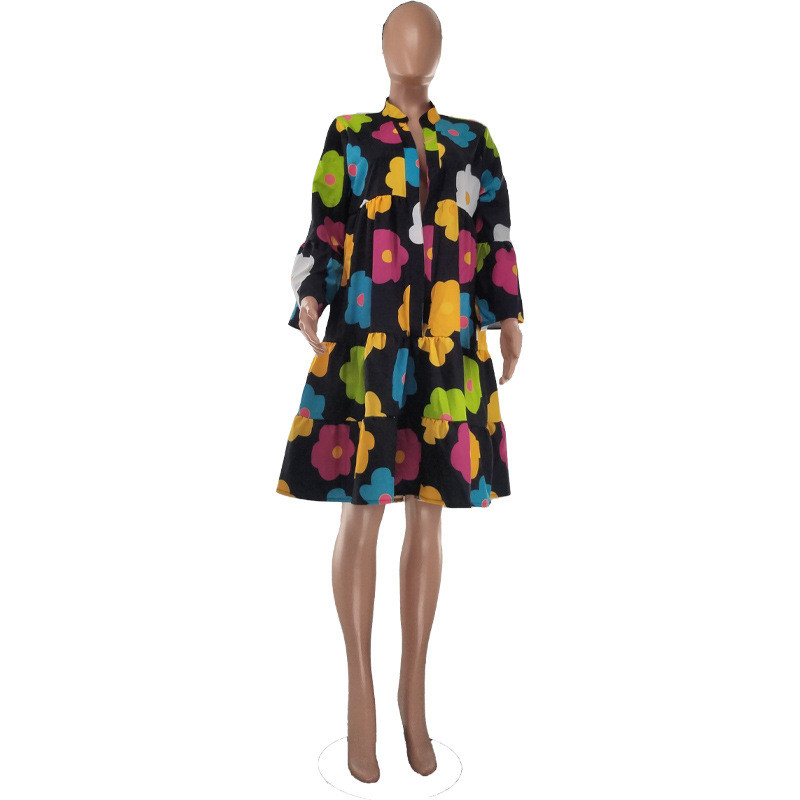 Colored printed V-neck long sleeved large hem half length dress