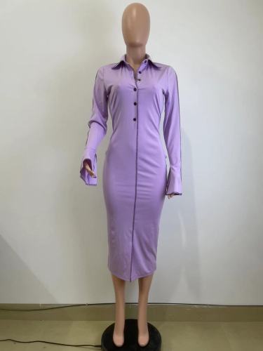 Trumpet Sleeves Single breasted Mid length Slim Fit Dress