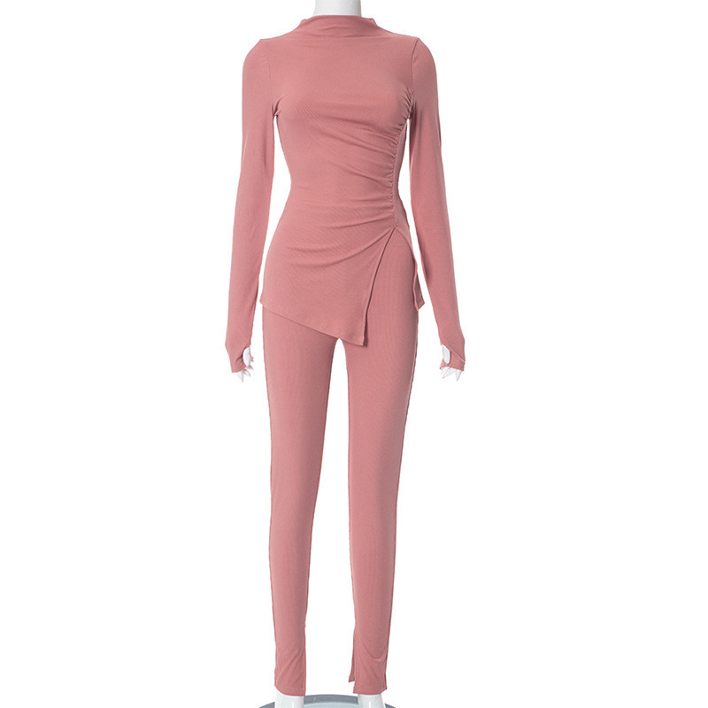 Solid color tight fitting long sleeved top with slit pants casual set