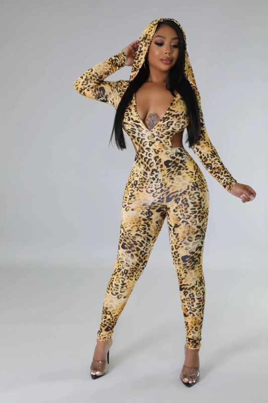 Sexy leopard print open back hooded jumpsuit