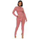 Solid color tight fitting long sleeved top with slit pants casual set