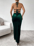 Slim fit buttocks hanging neck style velvet suspender dress