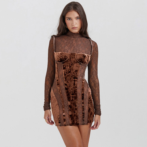 Lace long sleeved hollow out contrasting color slim fit dress