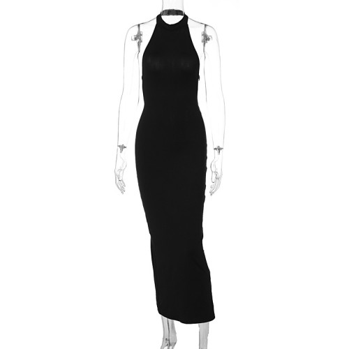 Sexy backless tied waist hanging neck slit long buttocks wrapped dress