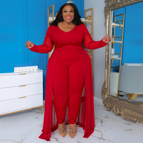 Long sleeved patchwork elastic jumpsuit