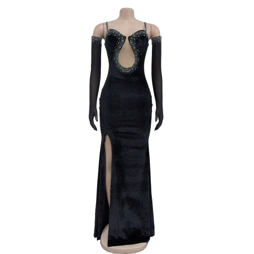 Women's solid color sexy strapless hot diamond long dress dress