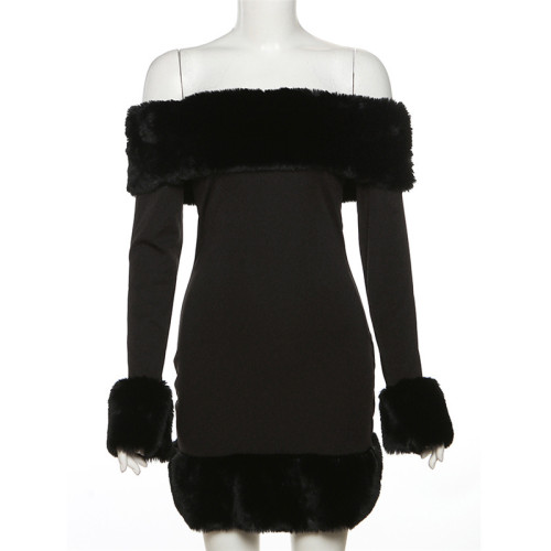 Mao collar long sleeved one line collar temperament slim fitting evening dress