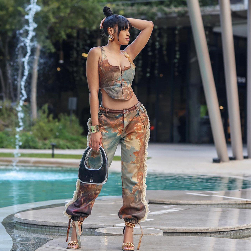 Camouflage vest sexy navel exposed high waisted pants with printed tassel pants set