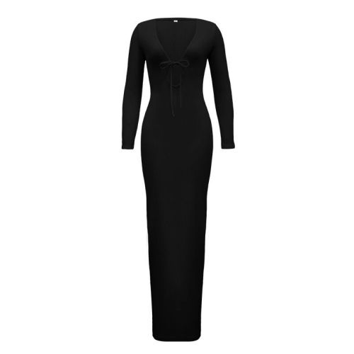 V-neck lace up slim fit wrap hip dress