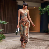 Camouflage vest sexy navel exposed high waisted pants with printed tassel pants set