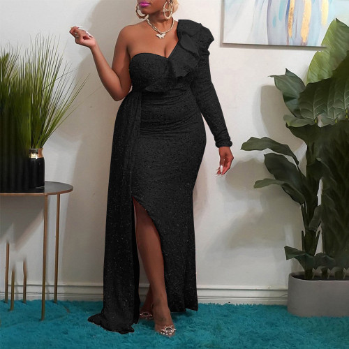 Single shoulder beaded bridesmaid dress party long dress