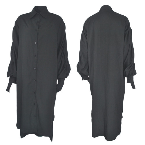 Long sleeved lapel pleated loose oversized shirt long dress
