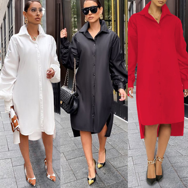 Long sleeved lapel pleated loose oversized shirt long dress