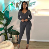 Women's V-neck style pocket long sleeved sexy hollow out jumpsuit
