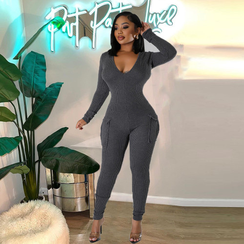 Women's V-neck style pocket long sleeved sexy hollow out jumpsuit
