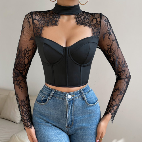 Slim fitting lace long sleeved women's clothing