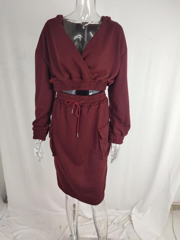 Solid color hooded V-neck top with drawstring tight fitting long skirt set