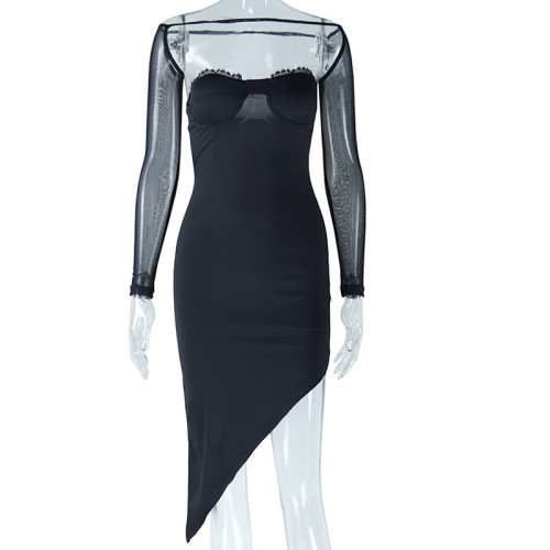 Mesh patchwork dress with buttocks wrapped skirt