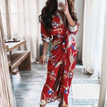 Sexy pleated printed irregular lace up dress