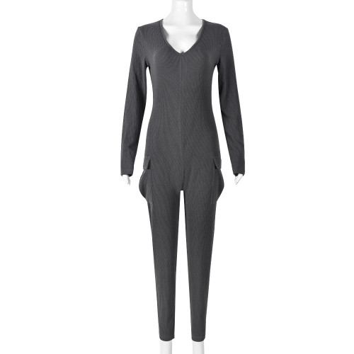 Women's V-neck style pocket long sleeved sexy hollow out jumpsuit
