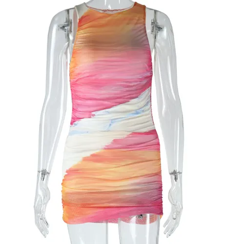 Printed round neck sleeveless mesh patchwork buttocks casual dress