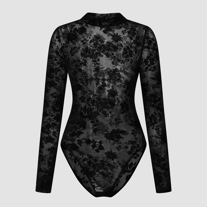 Lace mesh flocking print with perspective, sexy and slim fitting temperament, long sleeved jumpsuit