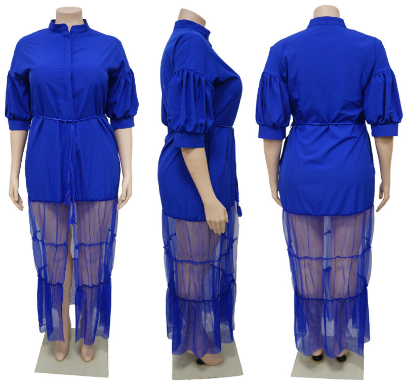 Half mesh short sleeved autumn cardigan flip collar low cut oversized dress