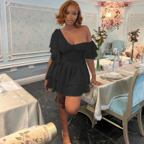Solid color pleated lotus leaf sleeve dress with irregular slanted collar cake skirt