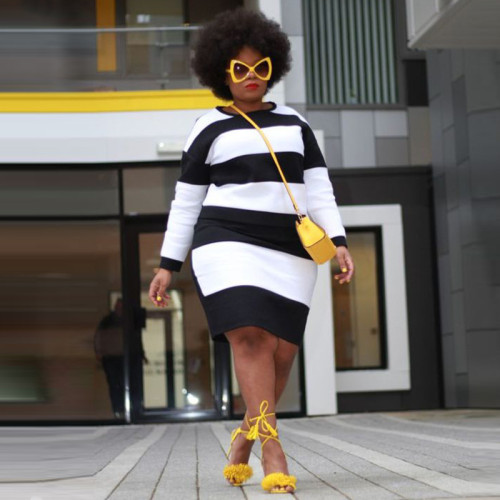 Round neck striped color blocking knit sweater