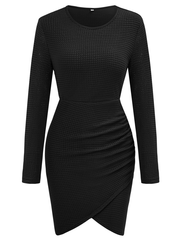 Round neck solid color waistband long sleeved buttocks wrapped dress