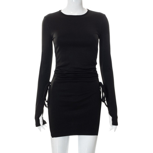 Round necked pullover long sleeved lace up slit dress
