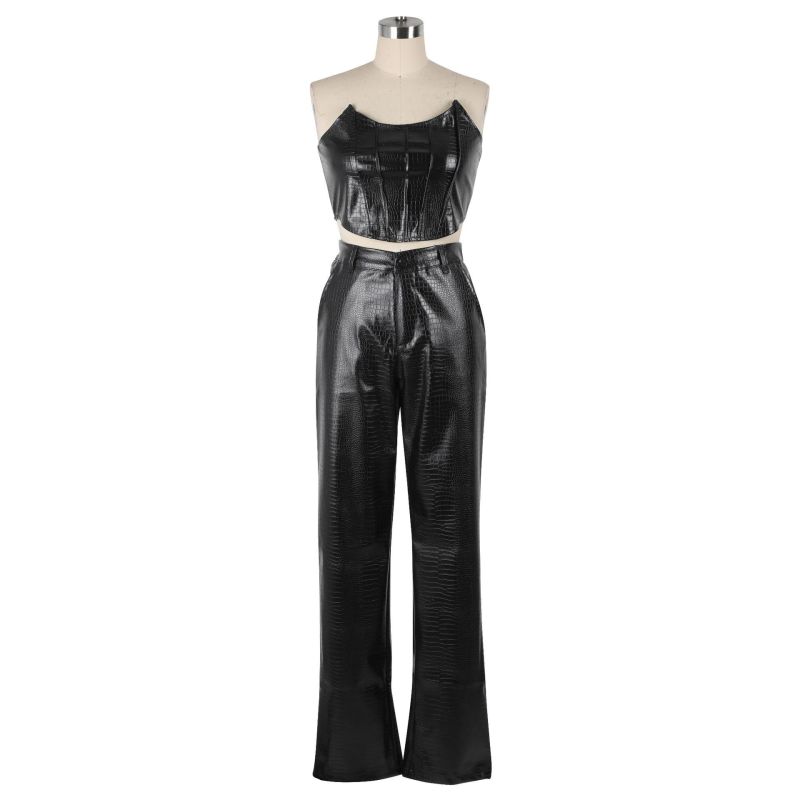 Women's strapless faux leather set, sexy PU two-piece set