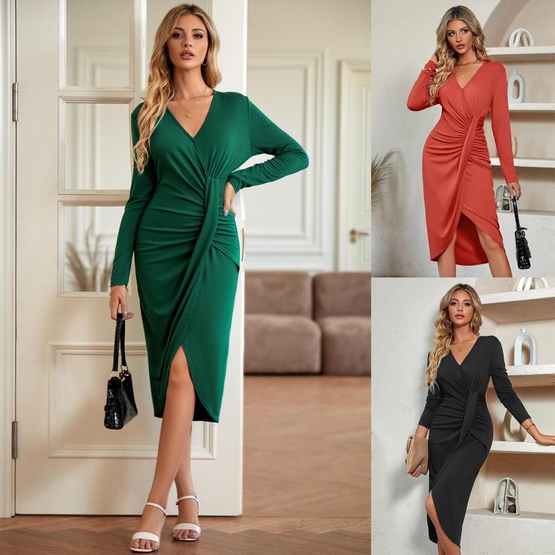 Solid V-neck slit waist long sleeved dress