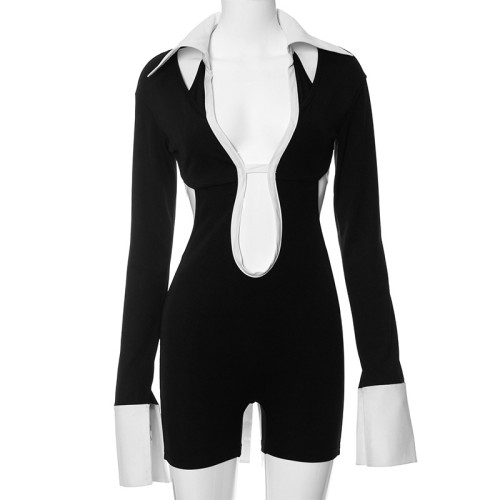 Contrast POLO neck tight fitting casual shorts