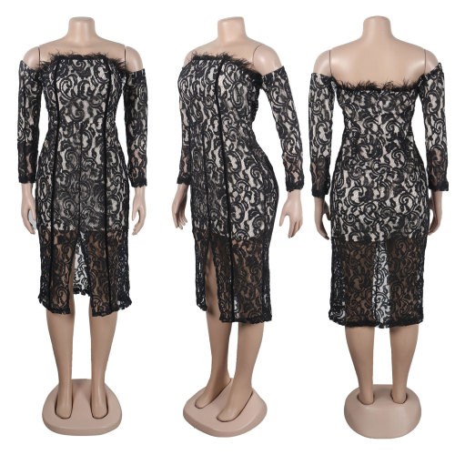 Women's Perspective Lace Package with Hip Split Feather Wrapped Chest Dress