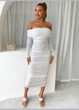Long sleeved one shoulder pleated early spring dress
