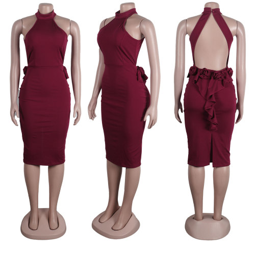 Open back and buttocks split lace elastic sleeveless dress