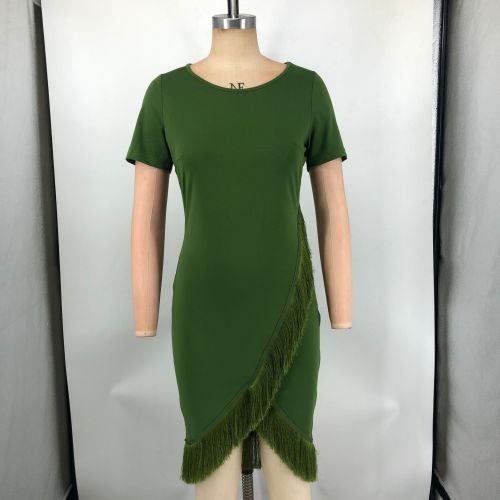 Round neck short sleeved fringe skirt hem dress
