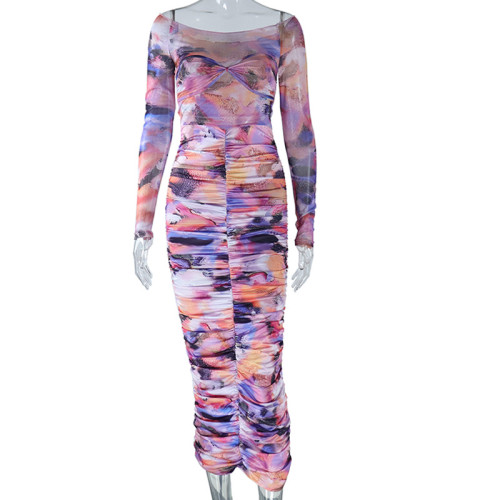 Printed round neck pullover long sleeved pleated waist wrapped buttocks long dress