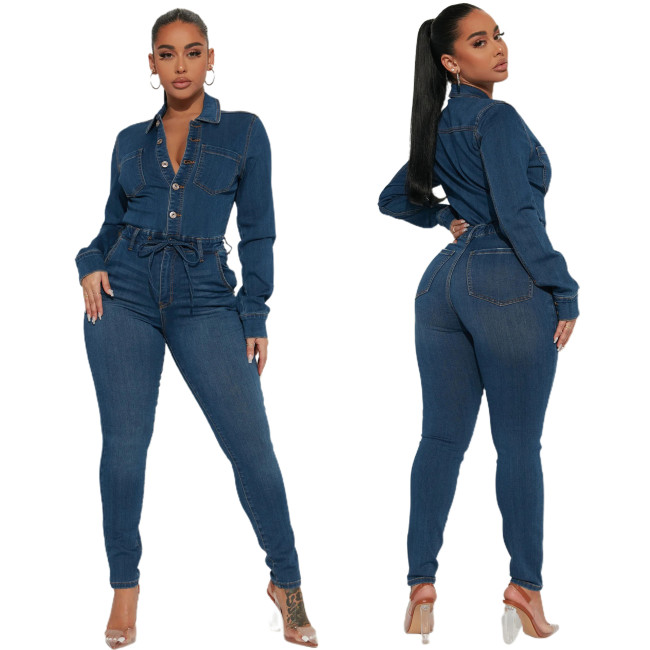 Long sleeved high stretch denim jumpsuit