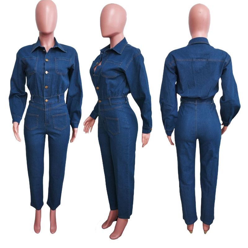 Elastic body, small foot opening, washed denim jumpsuit, jumpsuit