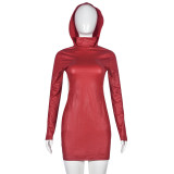 Long sleeved high necked personalized hooded patent leather hollowed out sexy ultra short dress