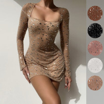 Women's sequin hot diamond semi transparent long sleeved short dress